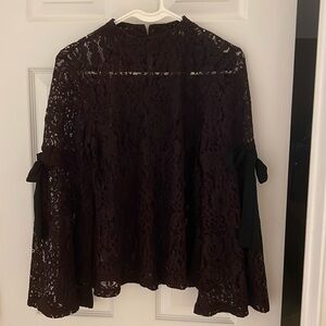 LOFT sheer lace blouse. Bell sleeves with bow detail. Maroon. Worn 1-2 times